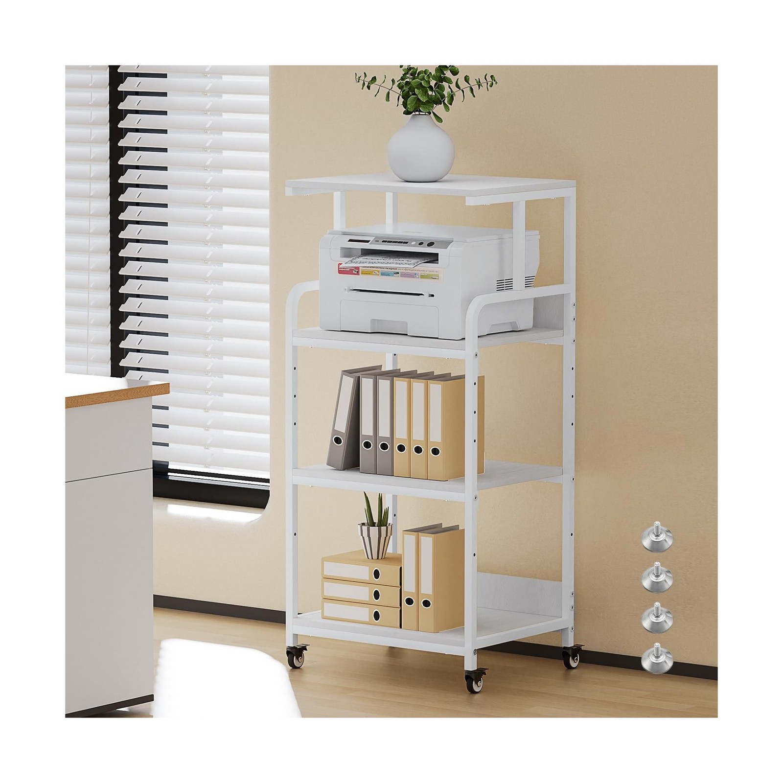 4-Tier White Printer Stand with Wheels, Extra Large Tall Printer Table with S...