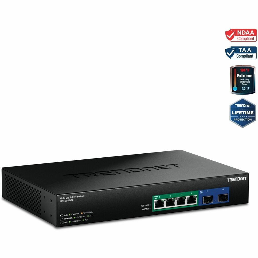 TRENDnet 6-Port 2.5G GaN Power PoE++ Switch with 10G SFP+ Ports (240W),