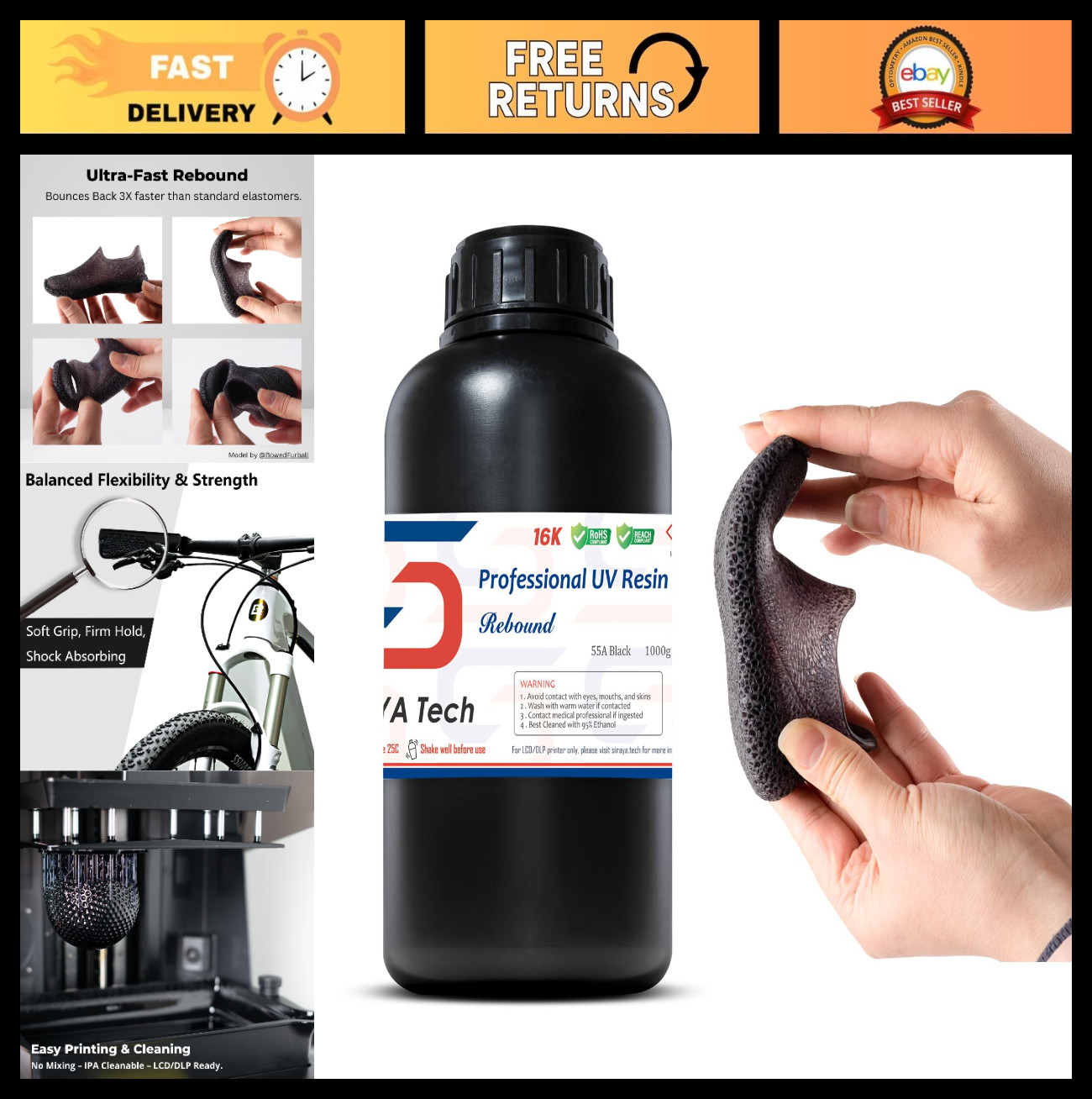 High Elasticity 3D Printing Resin - Fast-Rebound, Flexible, Shock-Absorbing, 1kg