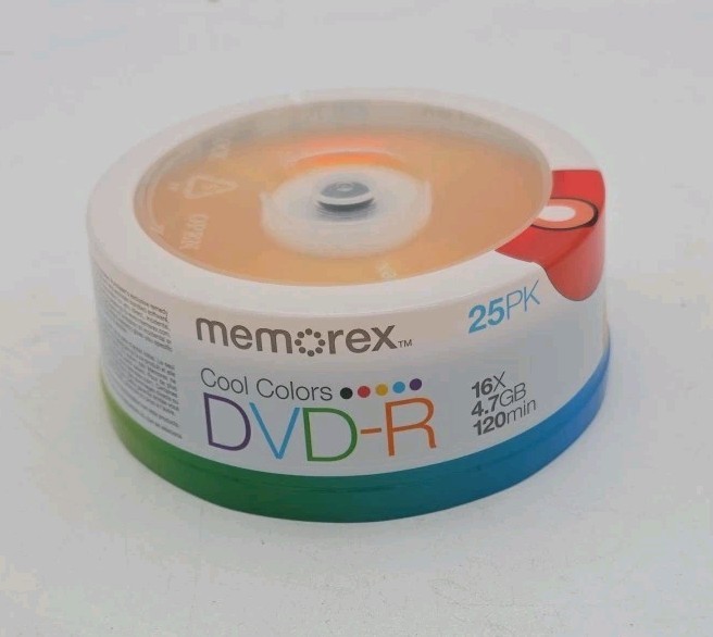 25 New Memorex 16X Cool Color Blank 4.7GB DVD-R 120Min Brand New Sealed