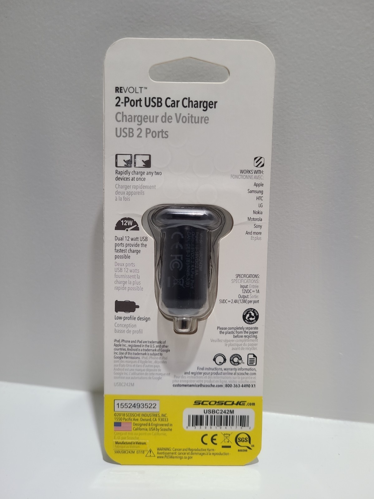 Scosche REVOLT 2 Port Dual USB BLACK Car Charger 5v, 12W Output USBC242M