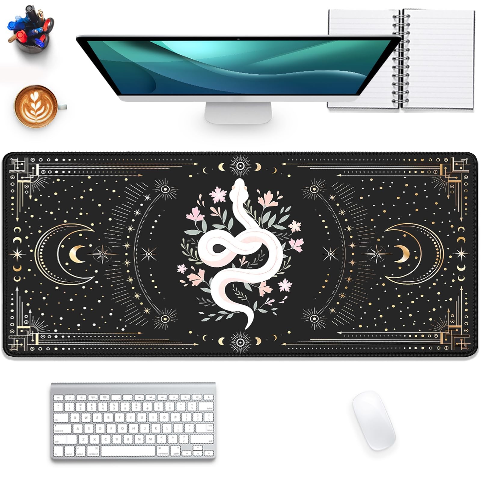 Starry Sky Moon White Snake Extended Gaming Mouse Pad 27.5x11.8 Inch Mat