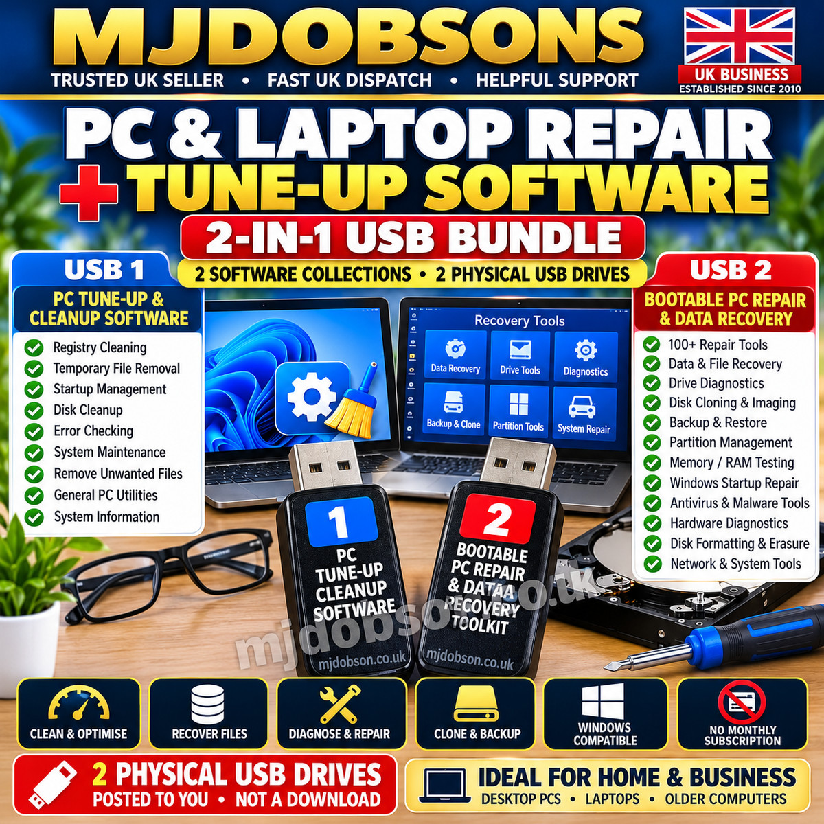 PC Repair Recovery USB + Windows Tune Up Cleaner Software 2 USB Bundle