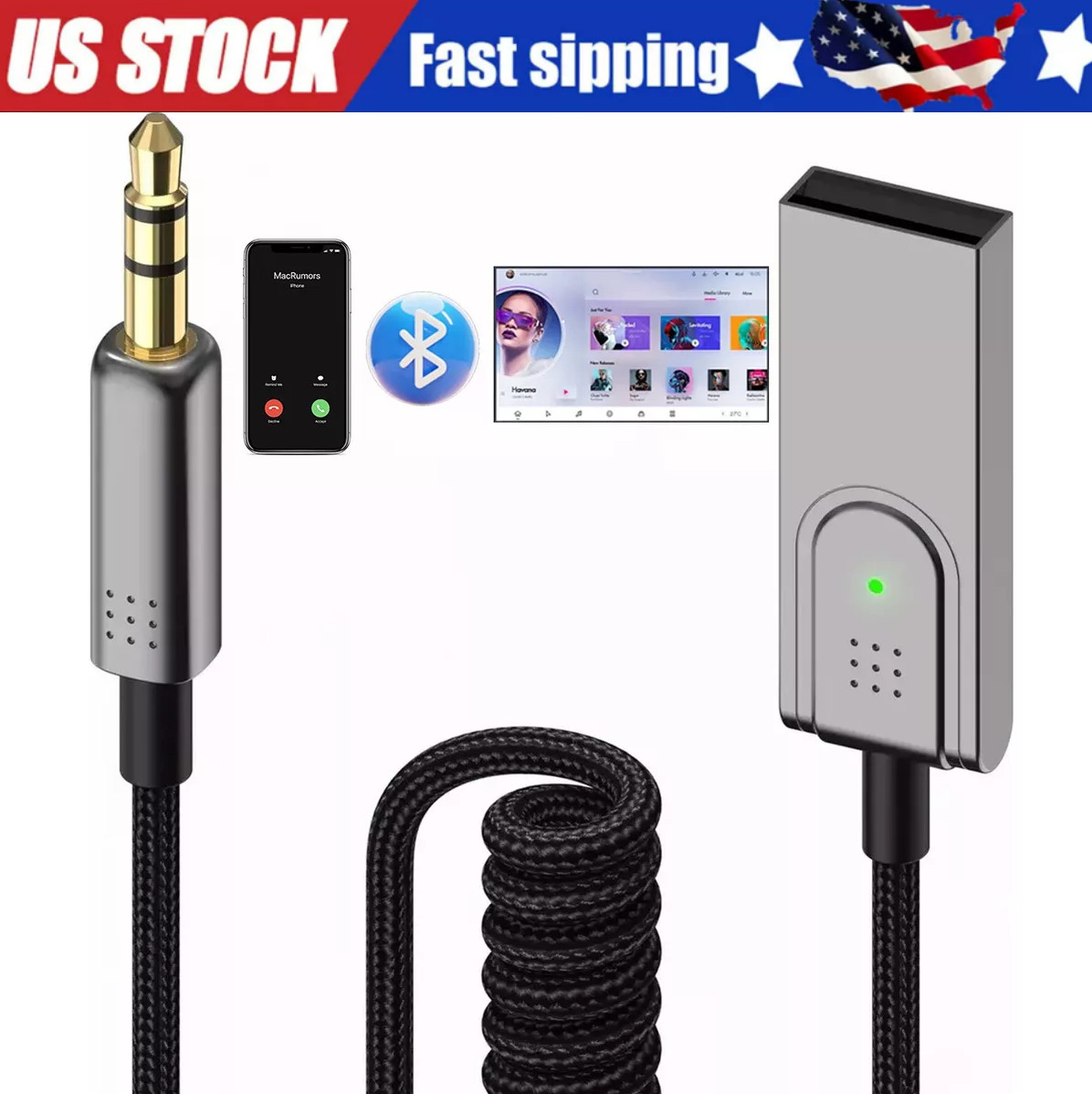 USA Aux to Bluetooth 5.1 Adapter 3.5mm Bluetooth Receiver Microphone for Car Lot