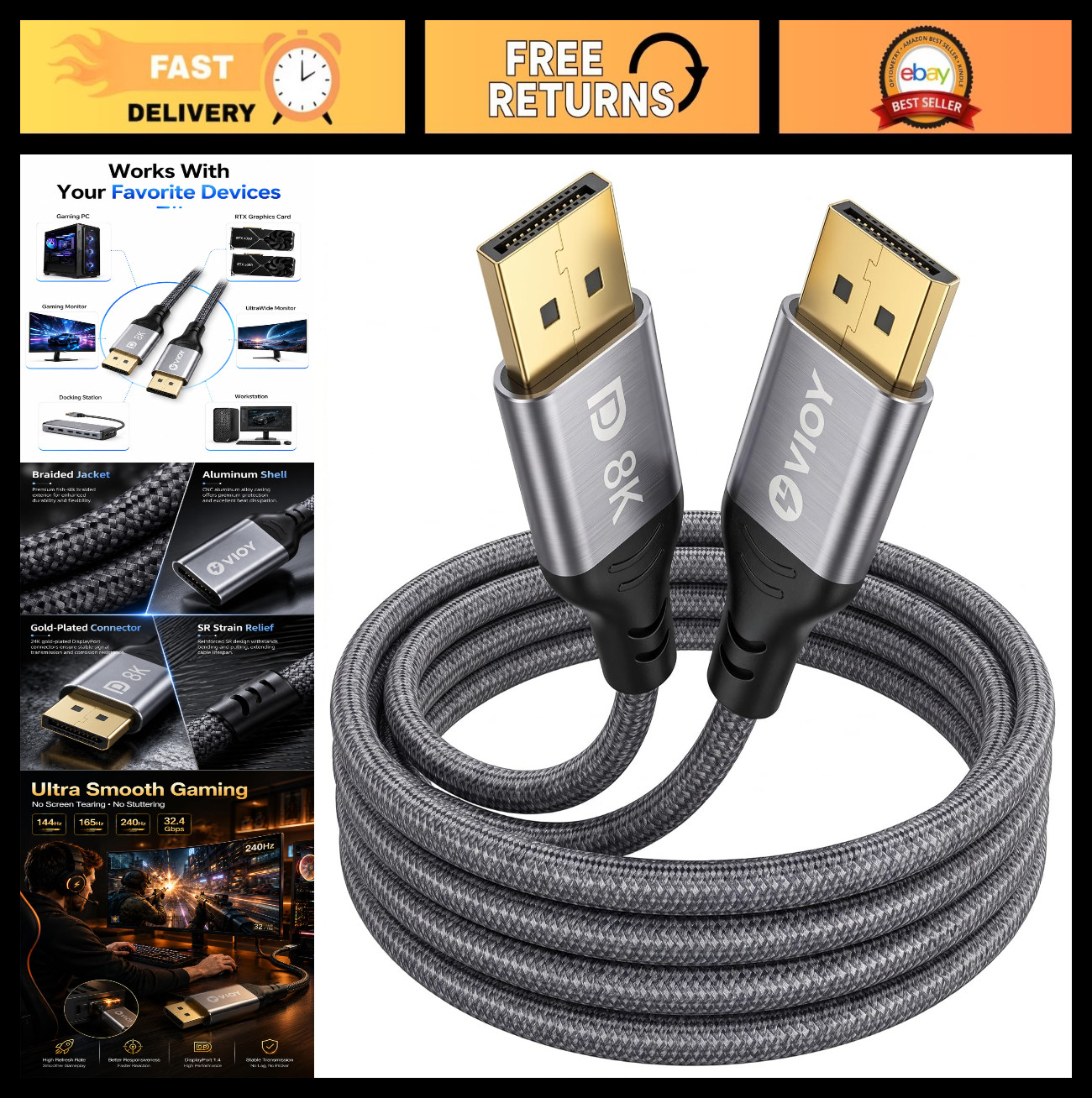 High-Speed 15FT DisplayPort 1.4 Cable, 8K@60Hz, 2K@240Hz, Braided DP Cord for Ga