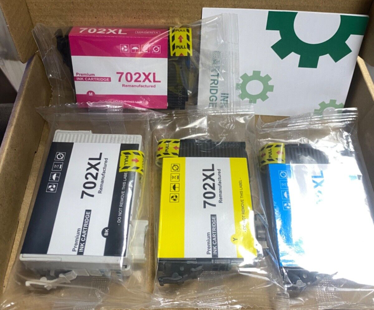 702 XL Ink Cartridges, Black, Yellow, Cyan, Magenta, New Unused, Open Damaged Bo