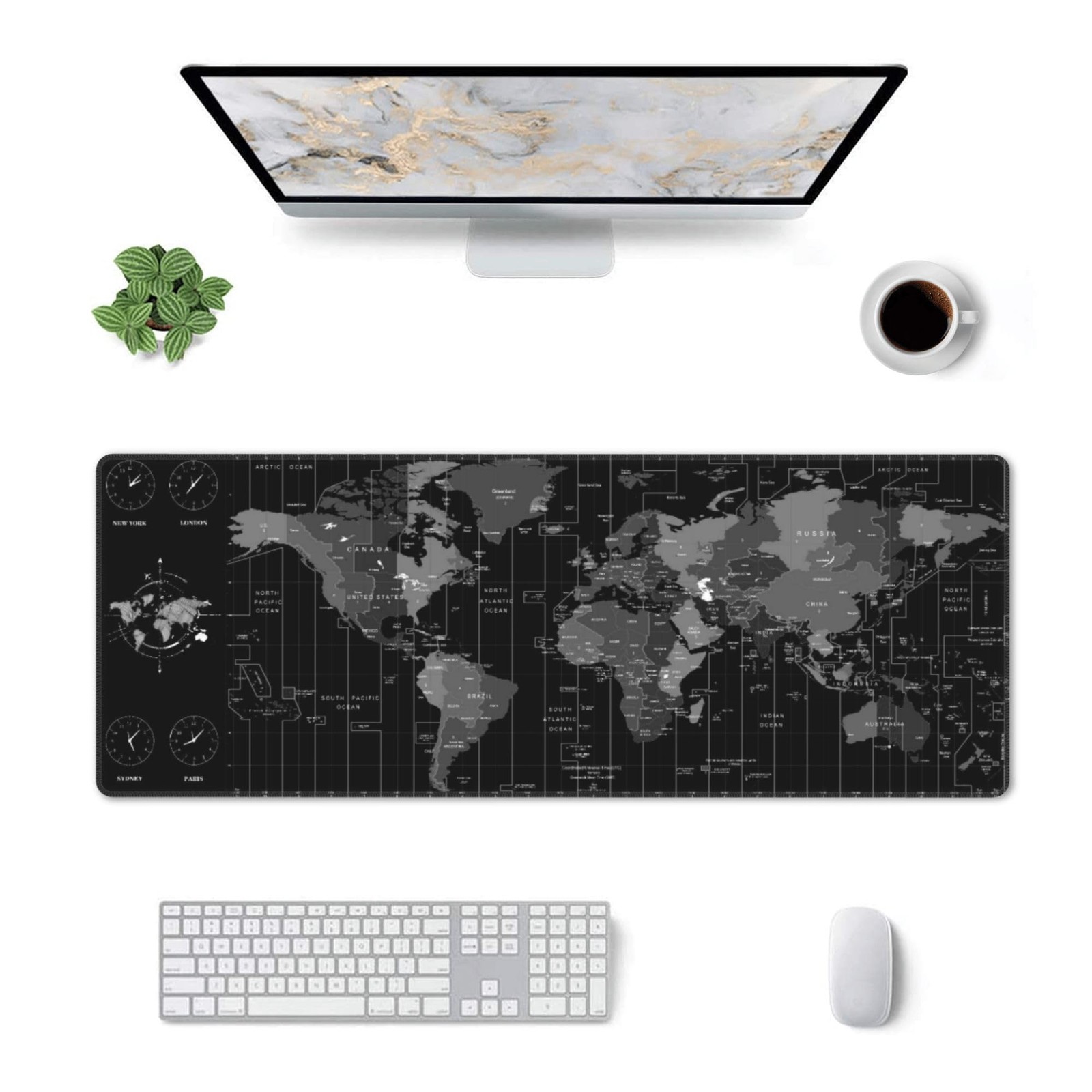 Large World Map Gaming Mouse Pad, 32" x 12" Desk Mat, Non-Slip Base