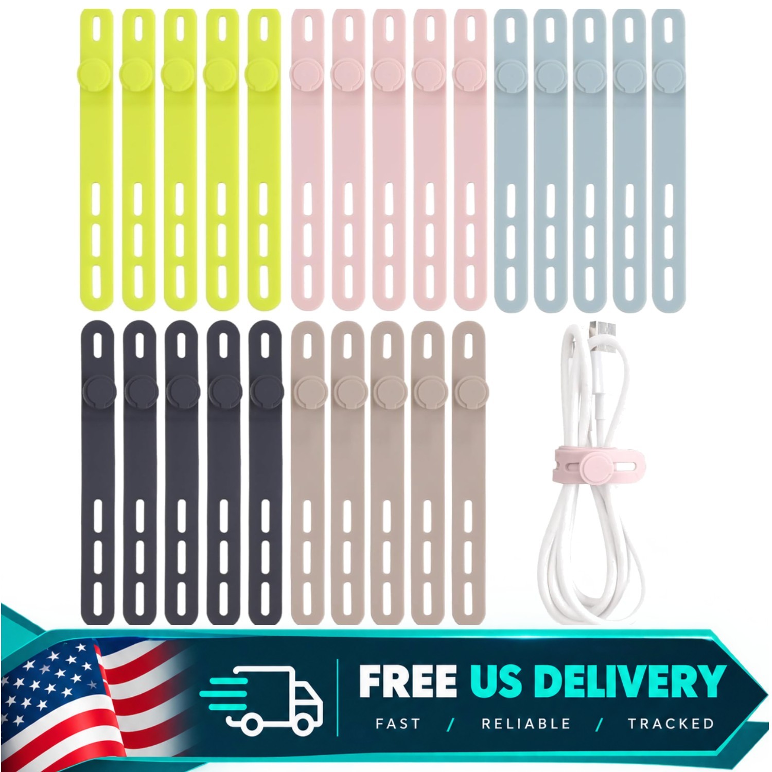 25 Pcs Silicone Cable Ties Reusable Cord Wraps for Electronics and Cables