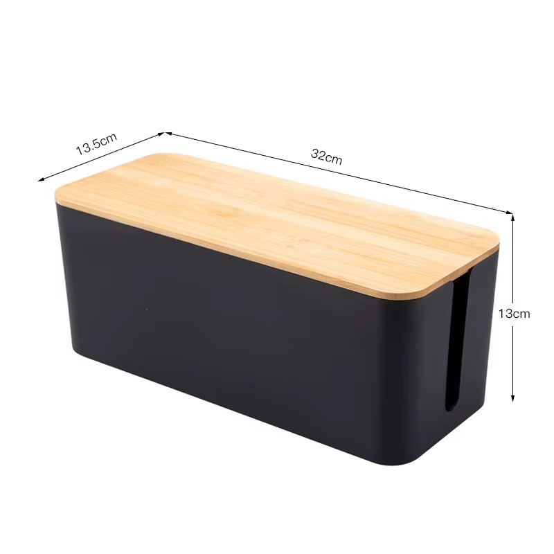 Cable Management Storage Box with Bamboo Lid, Power Strip Organizer Case