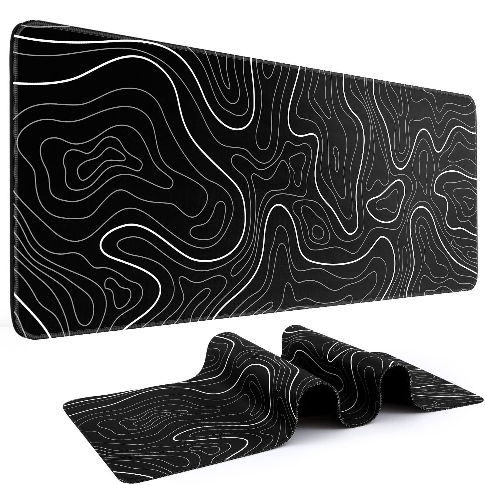 DIGSOM Gaming Mouse Pad, Black with White Topographic Line, 31.5x11.8in | XL Mou