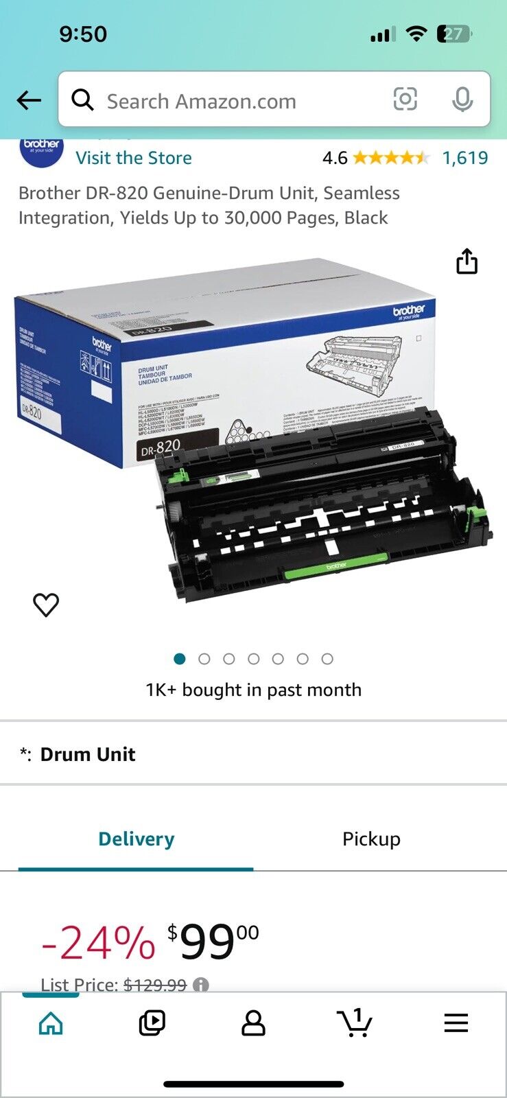 Brother DR820 Drum Unit Genuine HL-L5000 DCP-L5500 NEW IN OPEN BOX