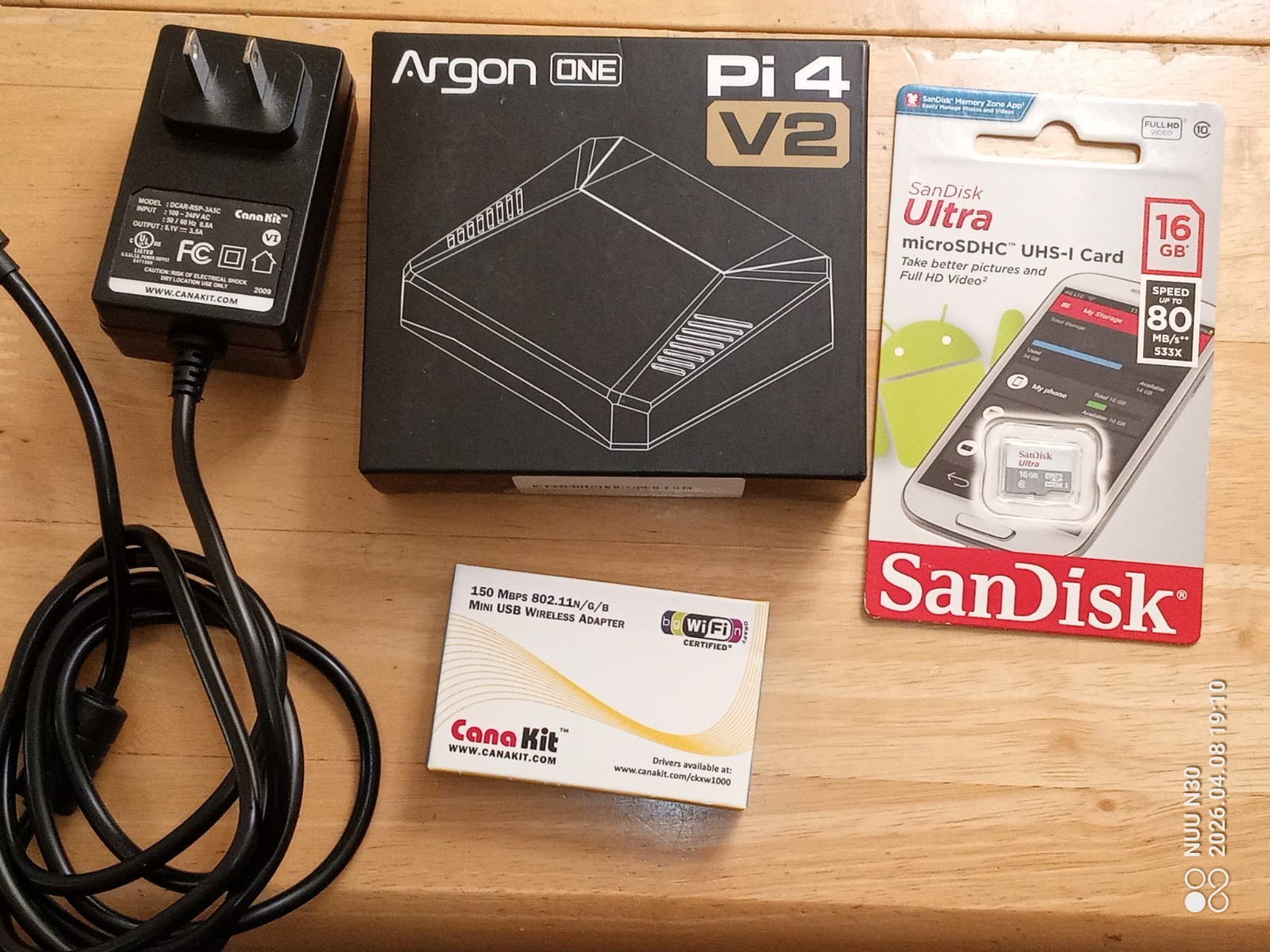 Argon 1 V2 Pi4 Fan case w/canna power, ScanDisk 16Gb microSD, USB wireless adapt