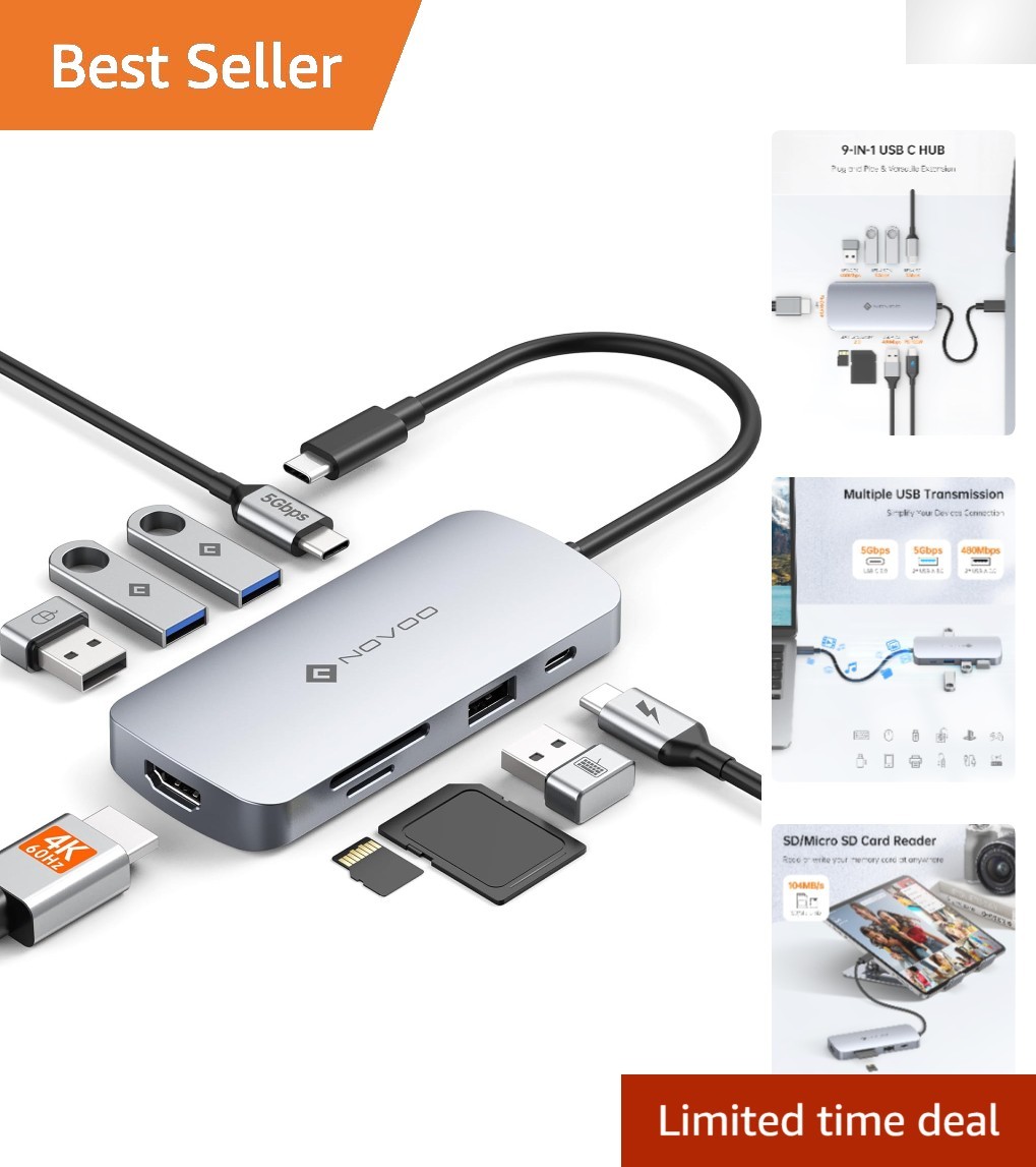 Lightweight 9-in-1 USB C Hub with Fast Charging & Data Transfer Capabilities