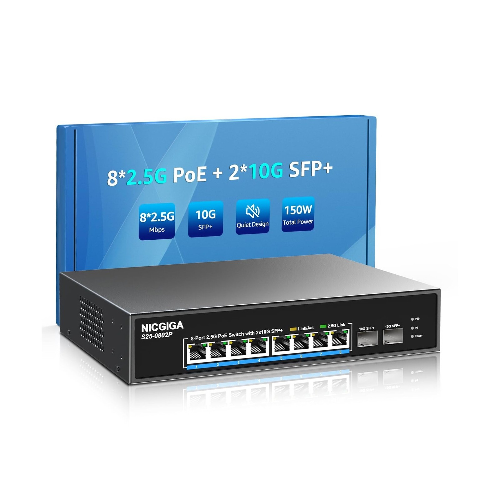 NICGIGA 10 Port 2.5Gb PoE Switch - 8x PoE+ + 2x SFP+