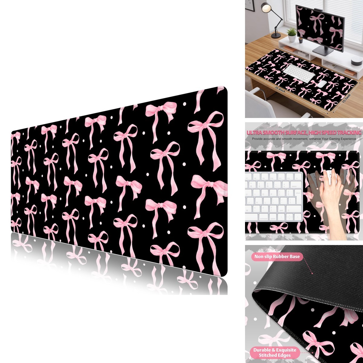 NXZGO Keyboard and Mouse Desk Pad Black Pink Bow