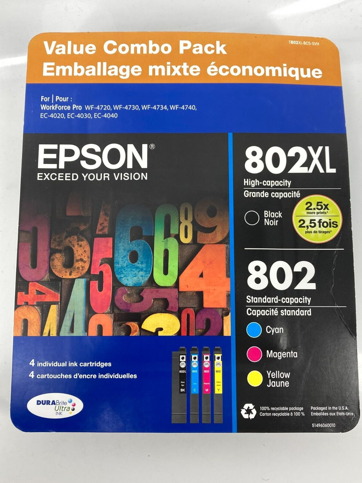 Genuine Epson 802XL Black 802 Tri-Color 4-Pack Genuine Ink