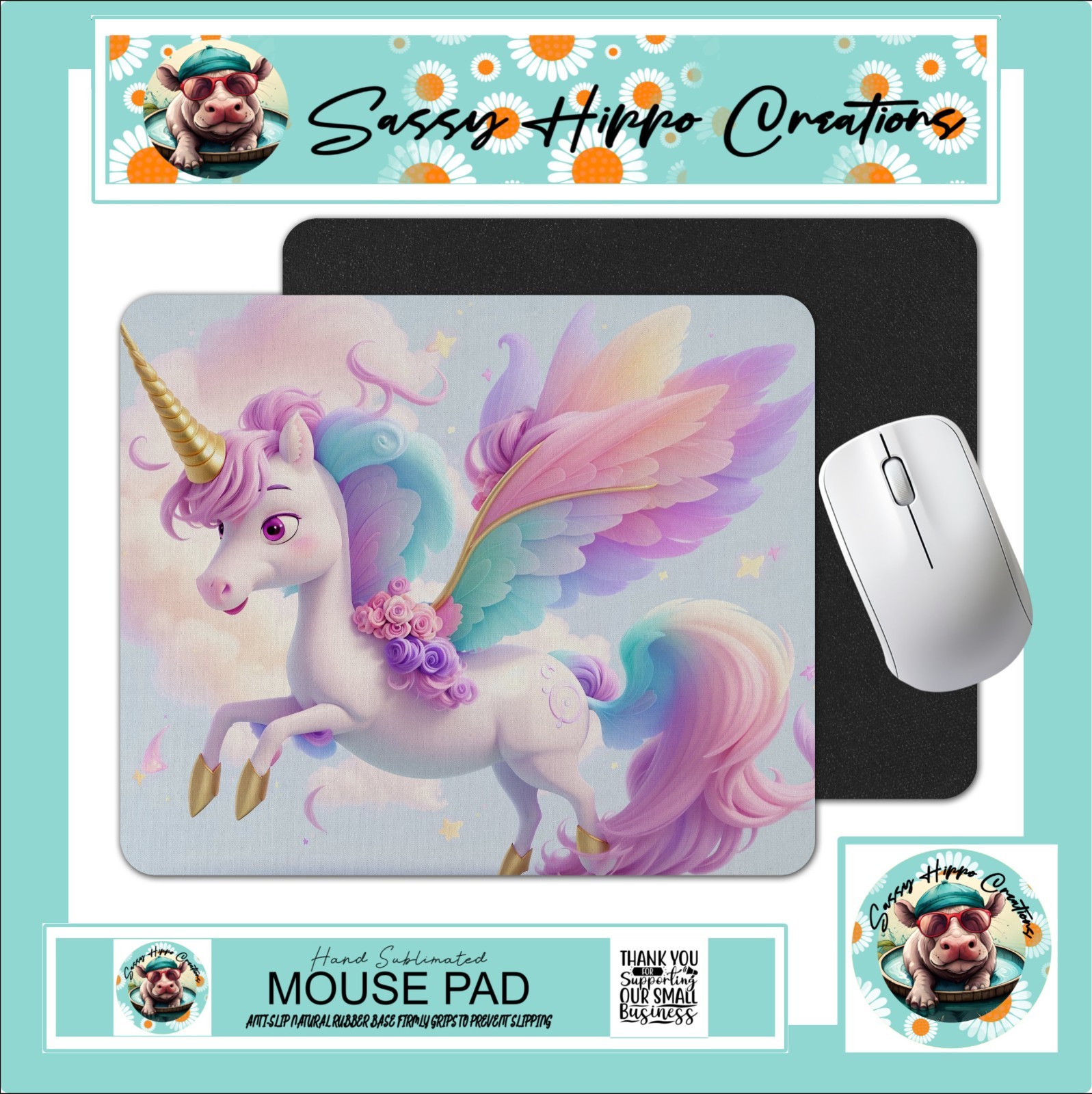 Mouse Pad Colorful Unicorn Rainbow Flowers Fairytale Anti Slip Back Easy Clean