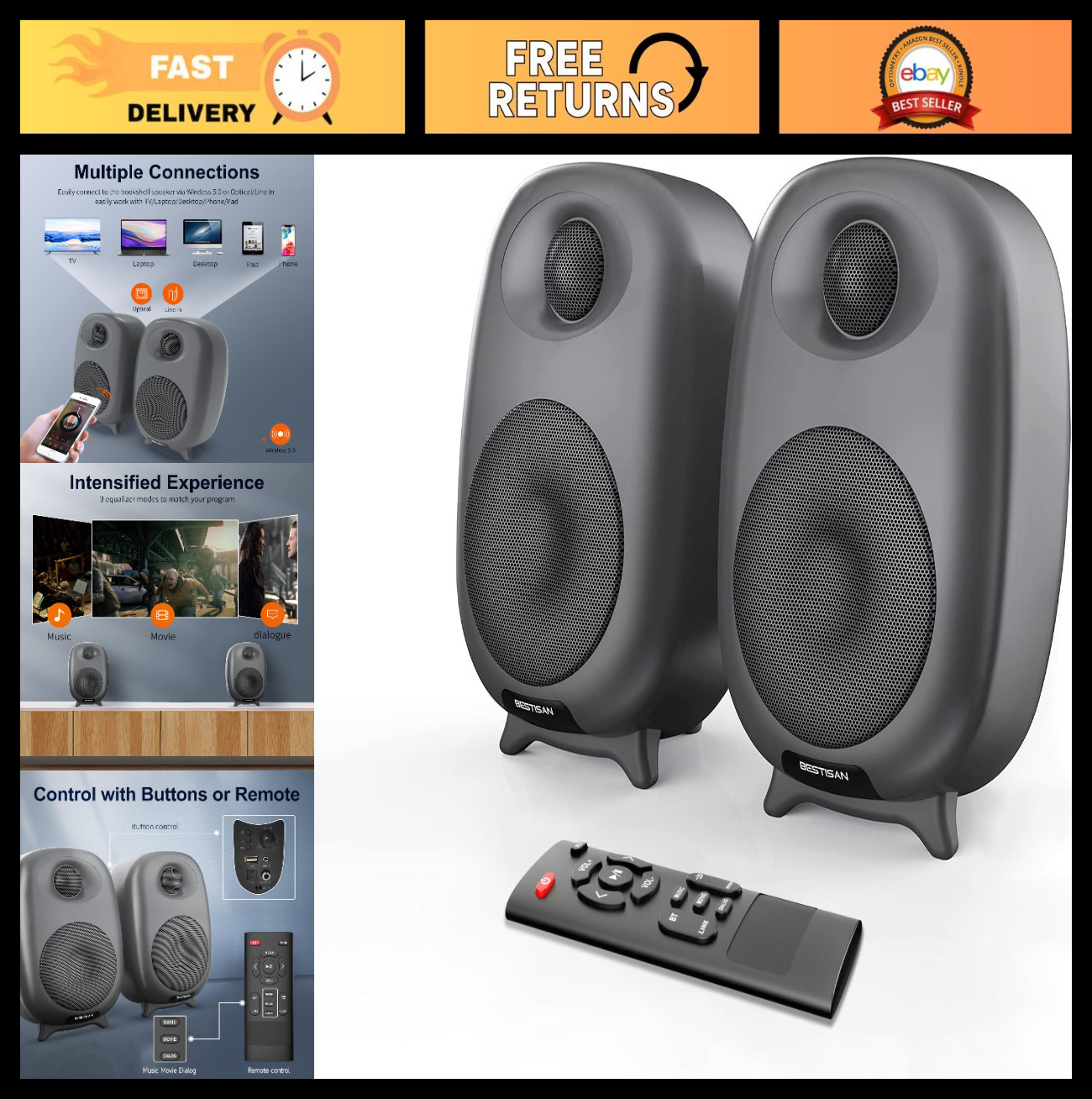 60W Powered Computer Speakers, Bluetooth 5.0, Wired Optical Input, Deep Bass, St