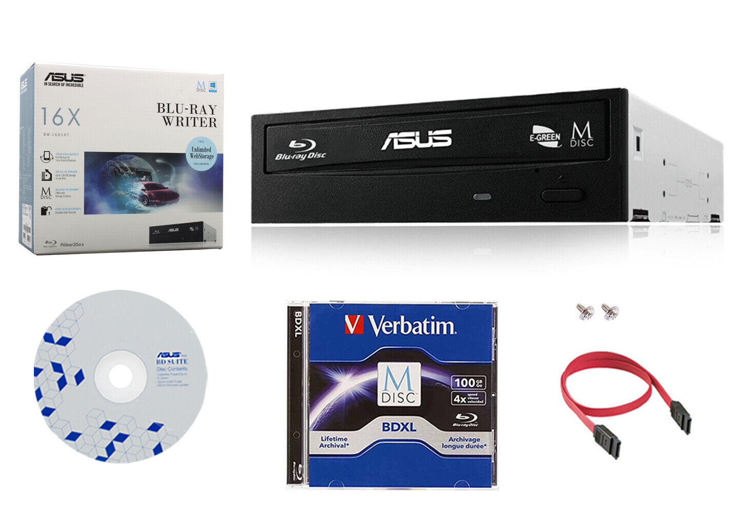 ASUS 16x BW-16D1HT Blu-Ray Burner Drive+1pk 100GB MDisc BDXL+Software+SATA Cable