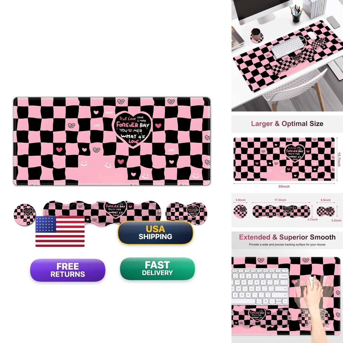 NXZGO Gaming Mouse Pad with Wrist Support, XXL Desk Mat, Pink Black True Love