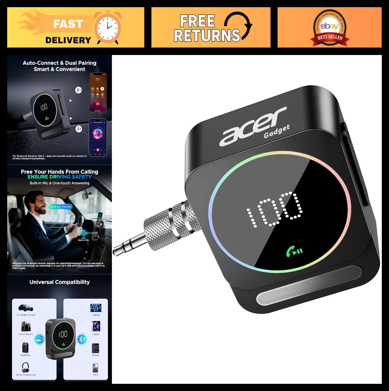 Gadget Bluetooth Receiver for Car, 3.5mm AUX Bluetooth Car Adapter