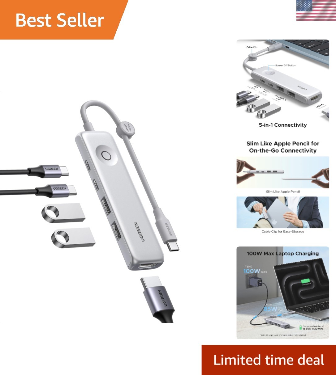 Versatile USB-C Hub: 5-in-1 Adapter with 4K HDMI & Fast Charging Features