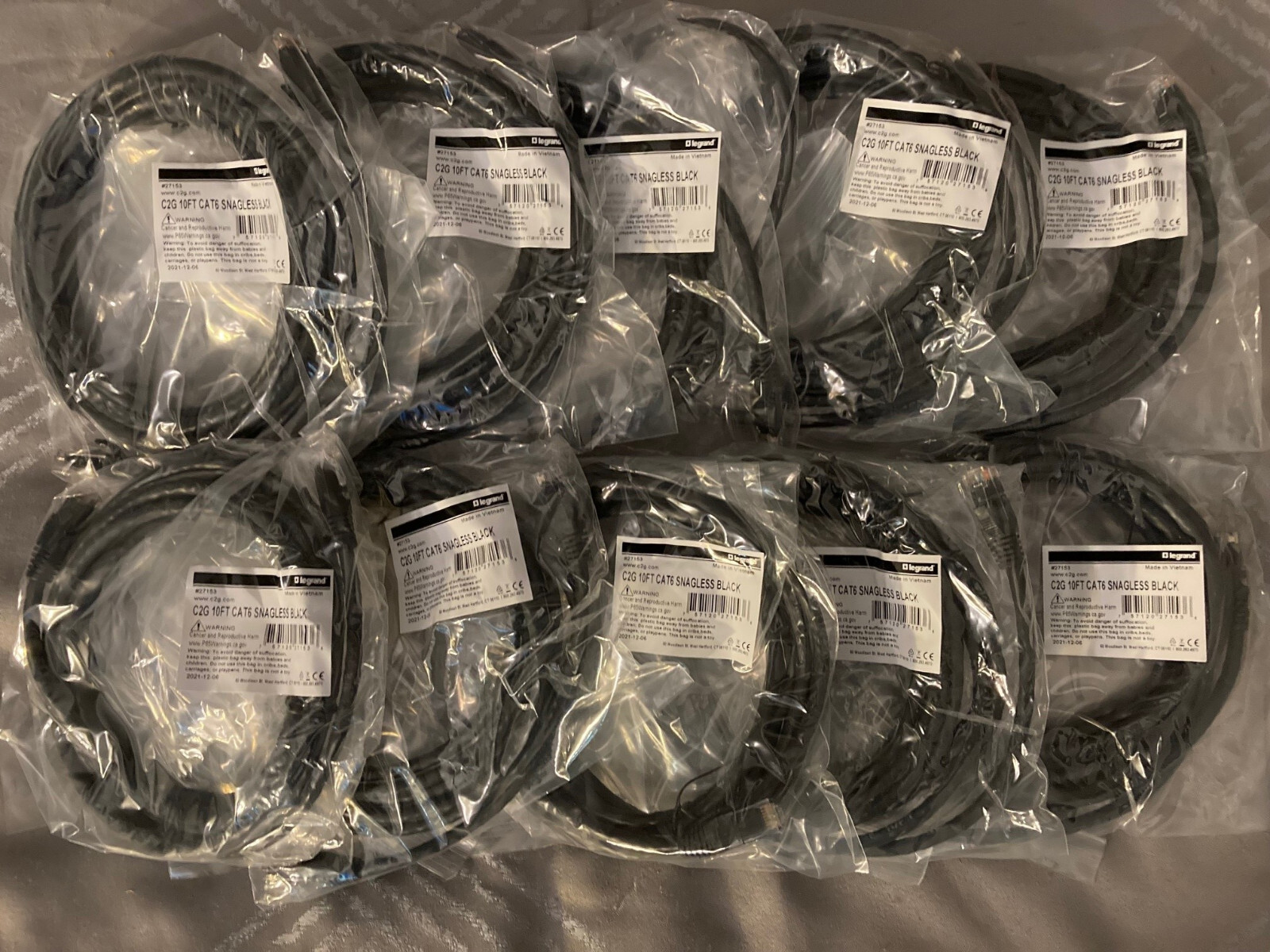 LOT OF 10 - NEW - C2G 10ft Cat6 Snagless Ethernet Cable - Black - 27153