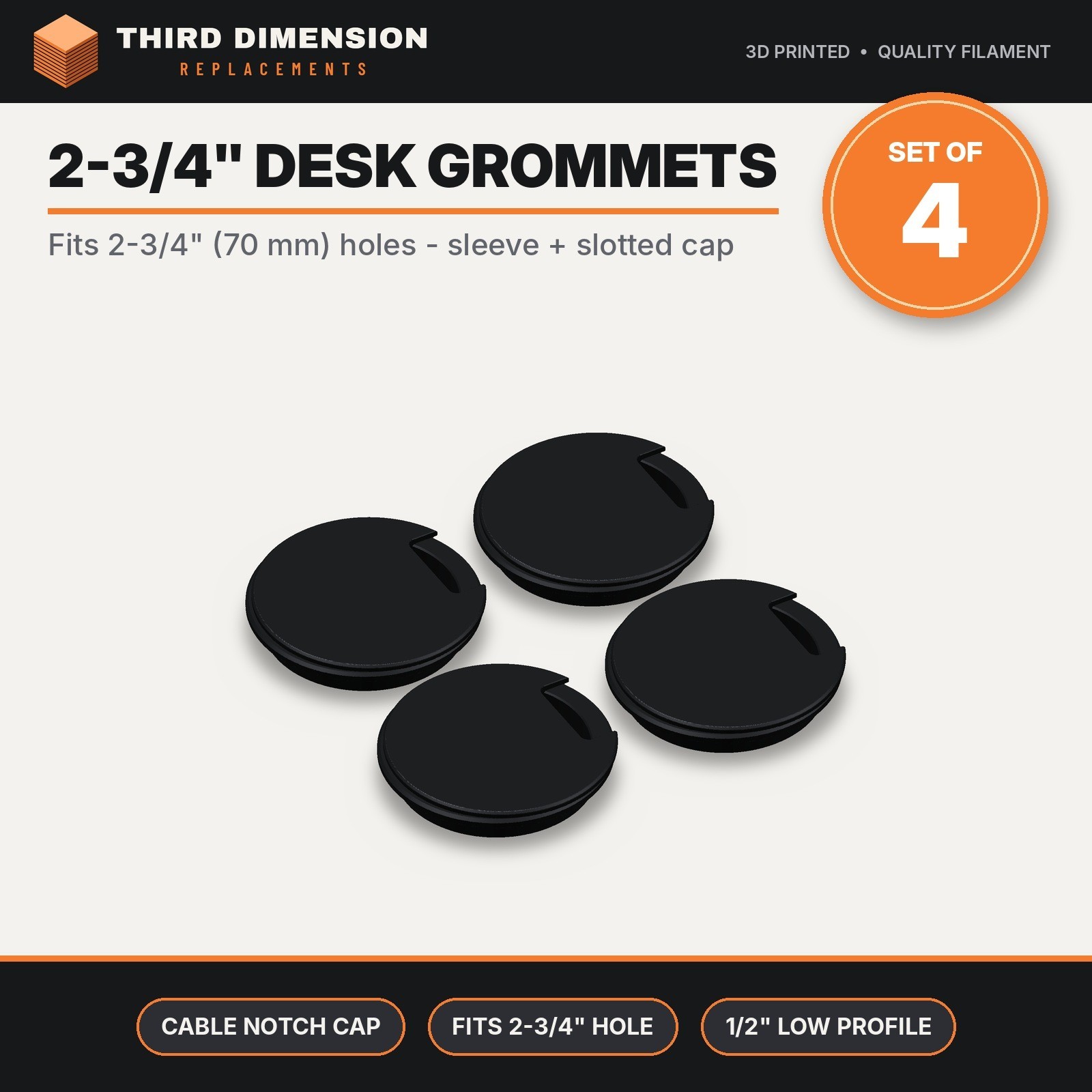 Desk Grommet 2-3/4" 70mm Computer Wire Management Cable Organizer 3D Printed 4pc