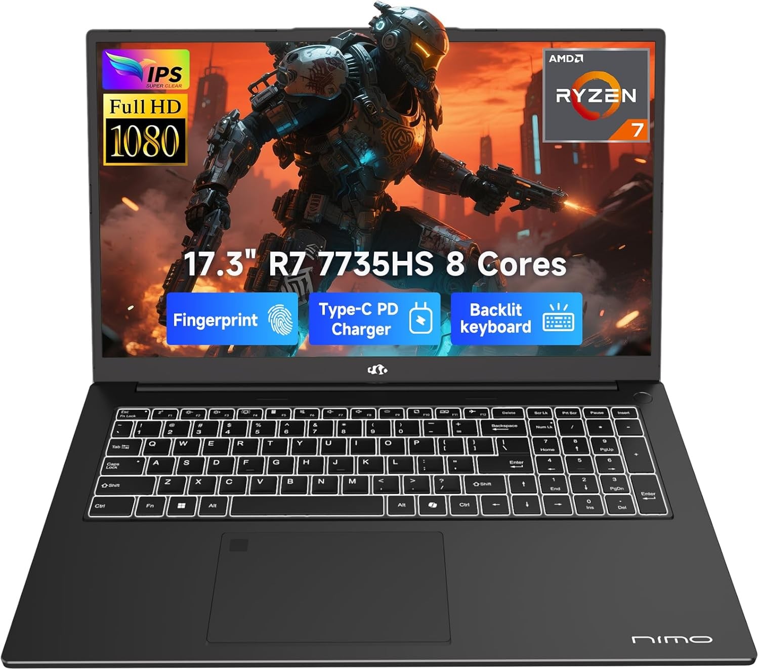 NIMO 17.3" Light Gaming-Laptop AMD R7 7735HS 16GB DDR5 RAM 512GB SSD Radeon 680M