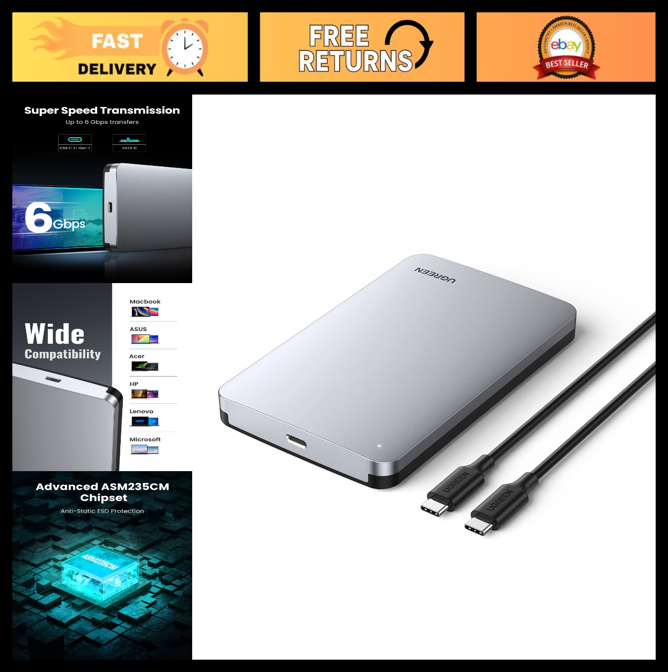 2.5" SATA SSD HDD USB C Hard Drive Enclosure | Aluminum USB 3.1 Gen 2 Adapter UA