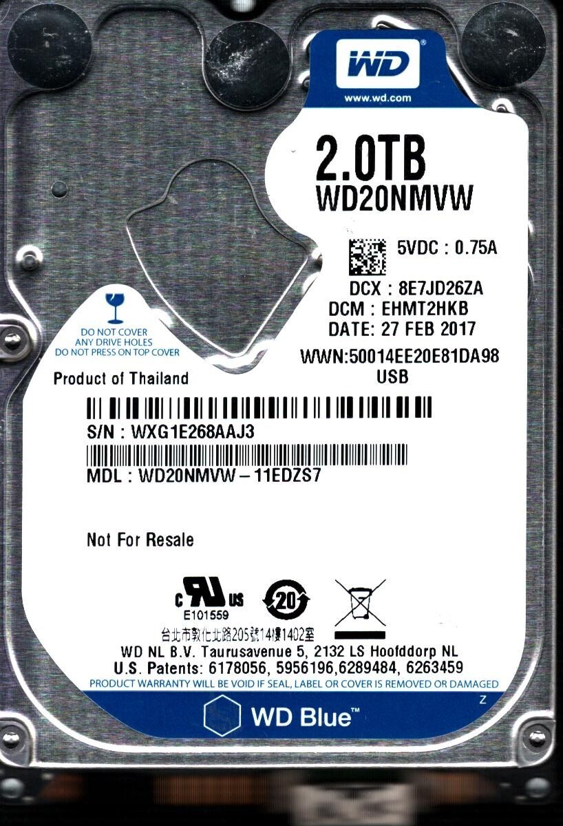 WD20NMVW-11EDZS7 S/N: WXG1E DCM: EHMT2HKB WESTERN DIGITAL 2TB THAILAND FEB 2017