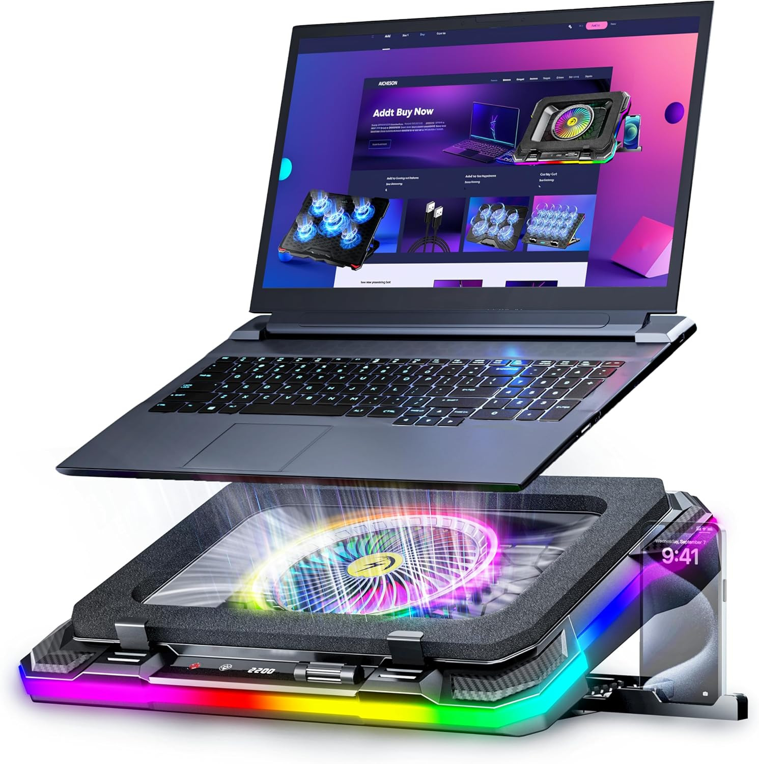 Gaming Laptop Cooling Pad with Full RGB Lights, Powerful Cooler Fan Stand for 15