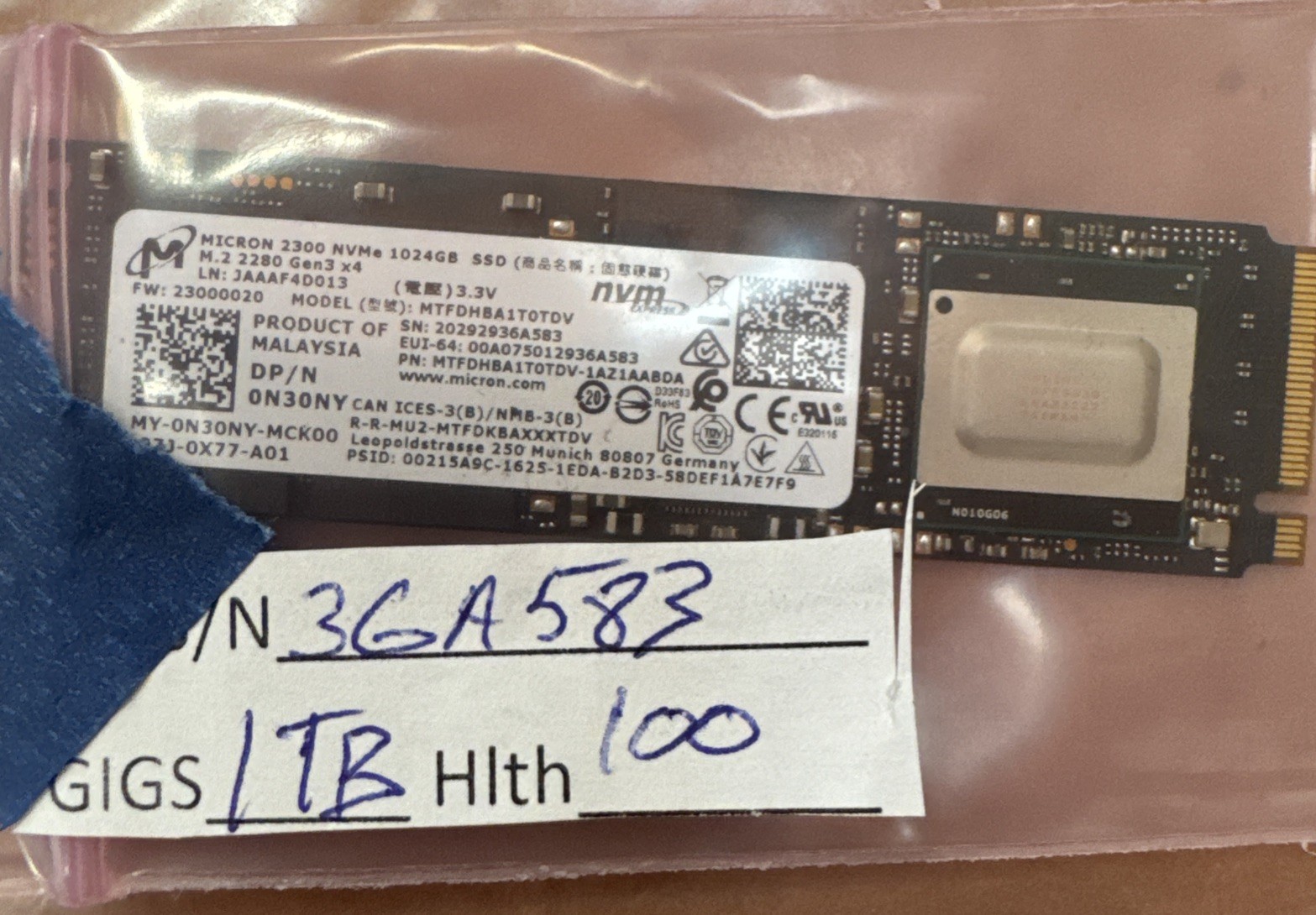 Micron Technology 1TB M.2 NVMe MTFDHBA1T0TDV Internal SSD 100% Health