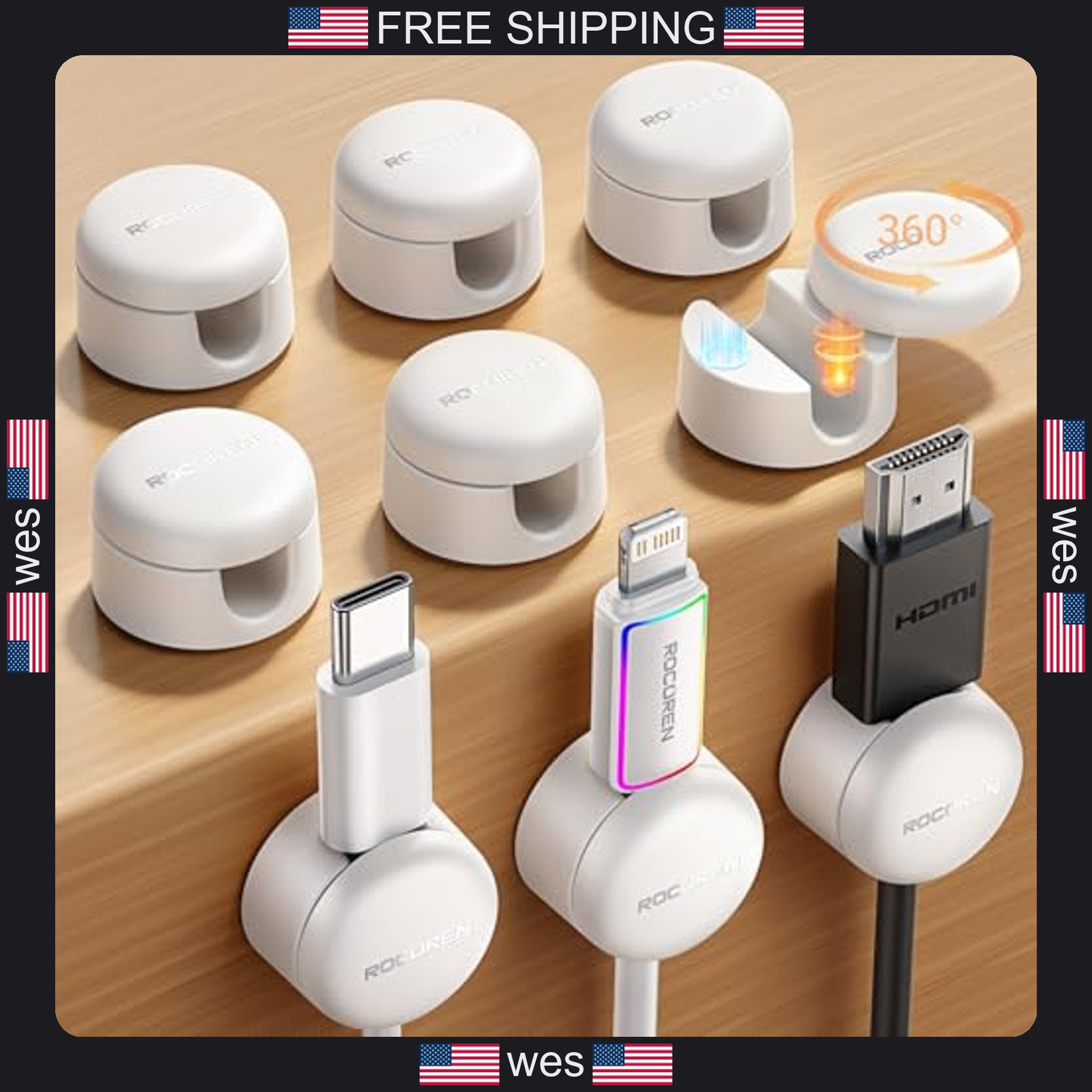 Rocoren 9 Pack Magnetic Cable Clips 360° Rotatable Adhesive Cord Holders