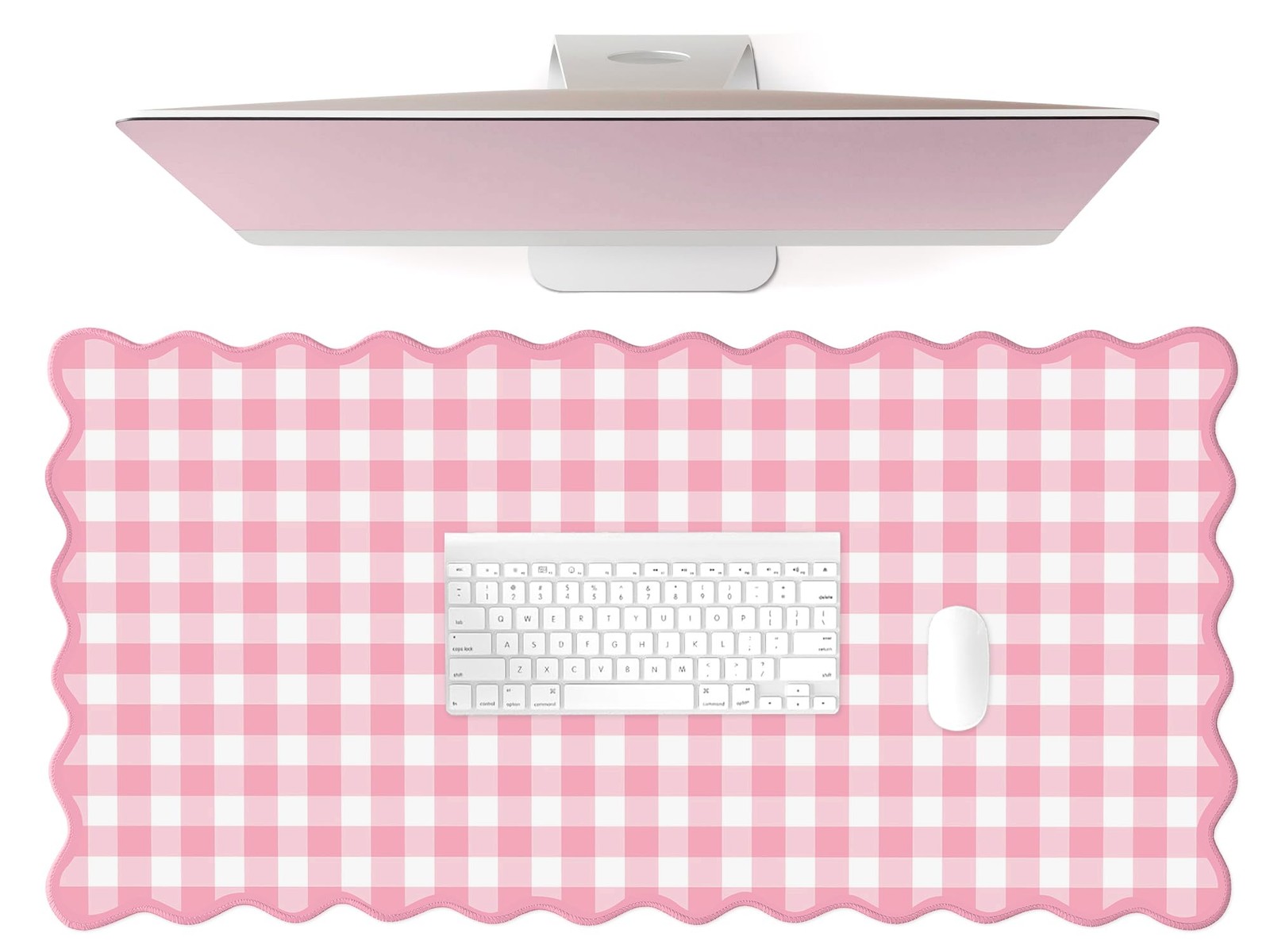 Scalloped‌ Pink Checkered Gingham Desk Mat Cute Pastel Large Pad Kawaii Cotta...