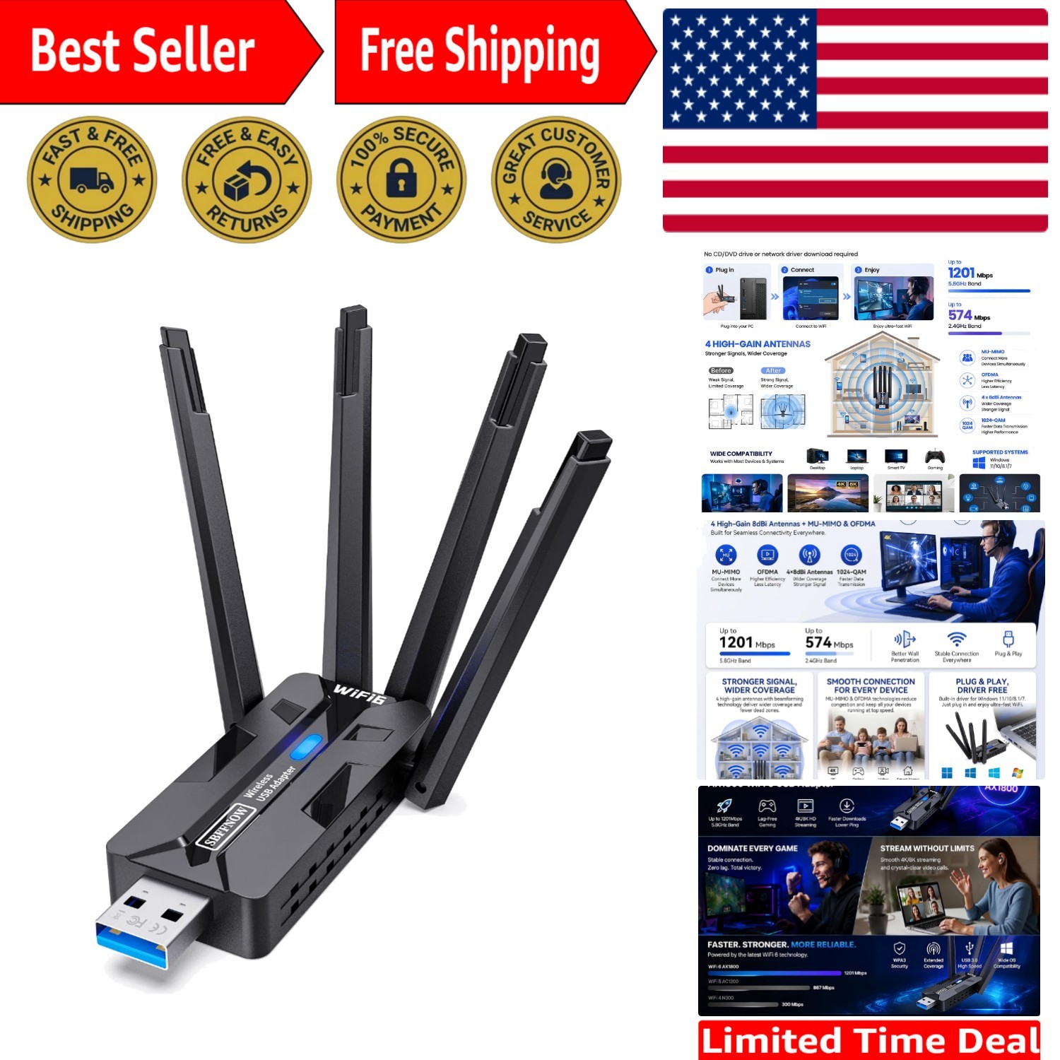 Wireless USB WiFi Adapter for Windows – High-Speed 1800Mbps Connectivity
