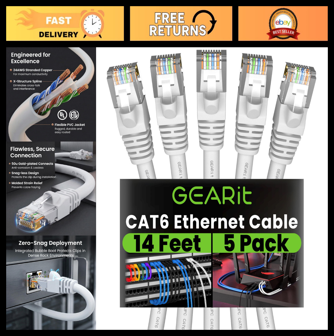 14ft Cat6 Ethernet Patch Cables (5 Pack) - 10Gbps, Snagless, Gold Plated RJ45