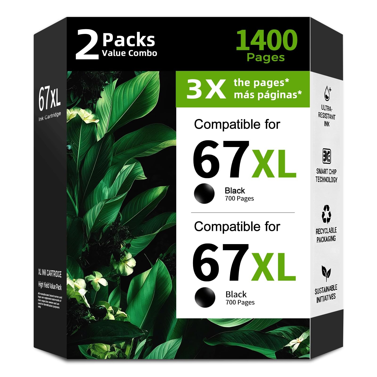 67XL Black Ink Cartridge Replacement for HP 67 HP67 XL High Yield 2 Pack