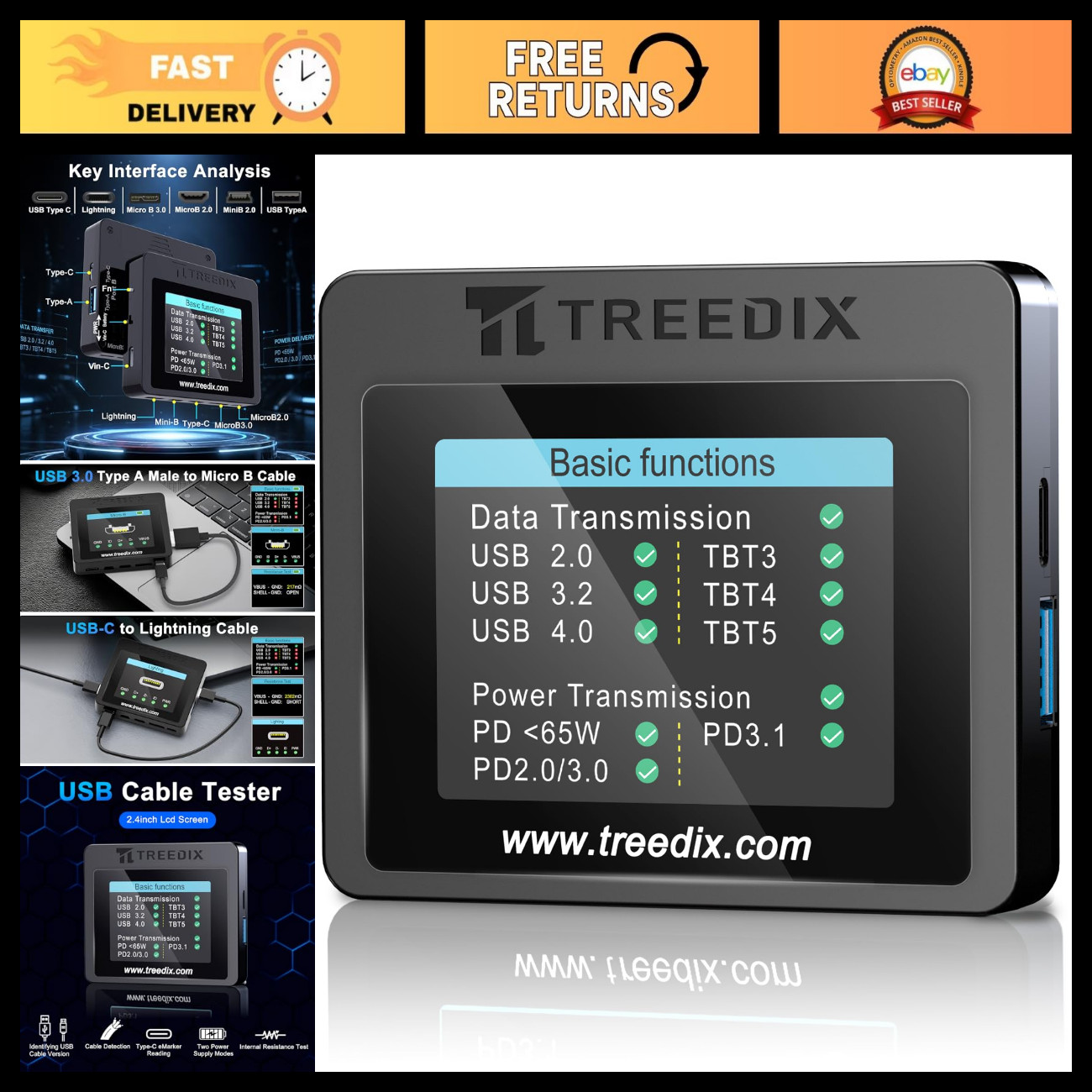 USB Cable Tester with 2.4" Screen for PD3.0/3.1, eMarker, Fast Charging, Data Sy