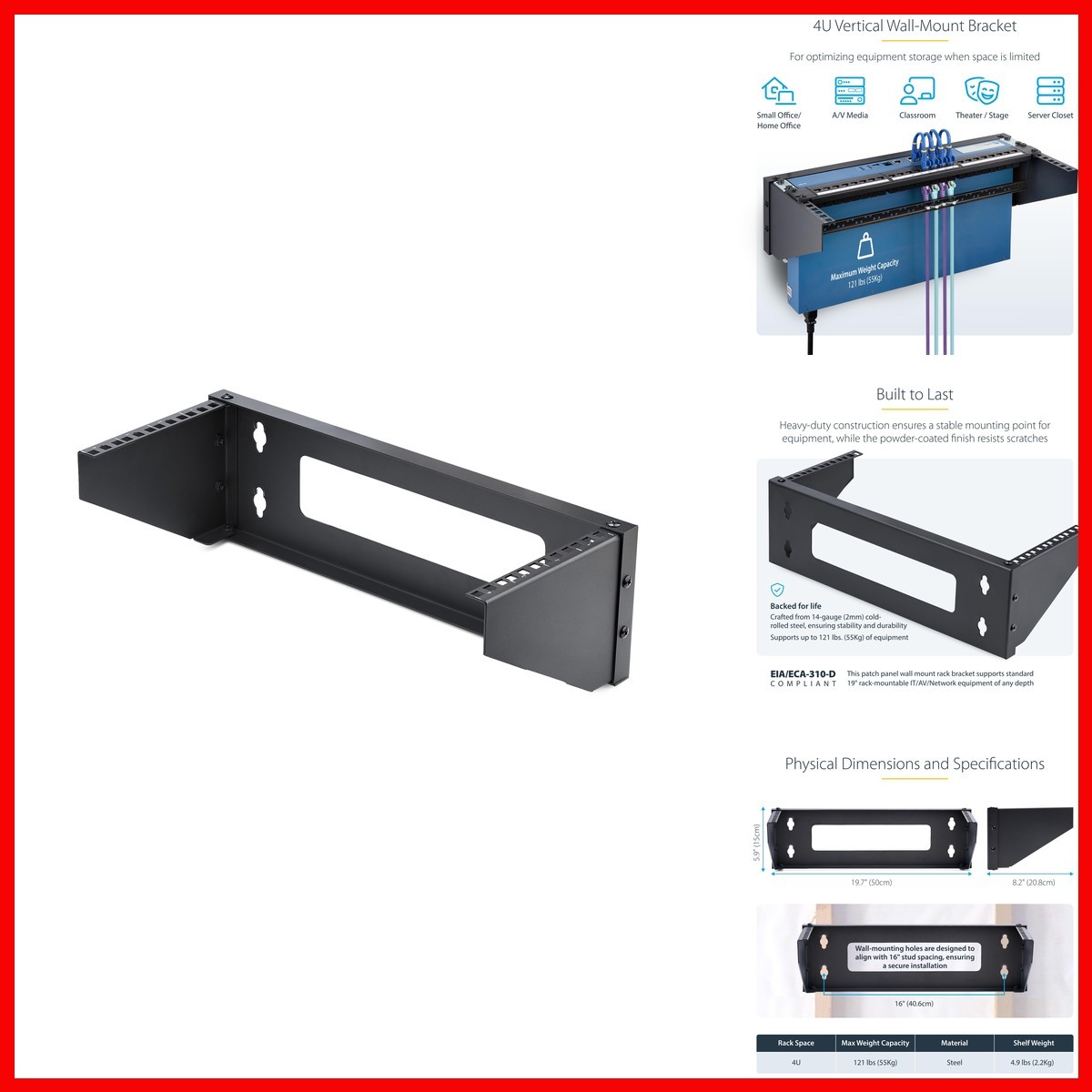 StarTech RK419WALLV-N 4U Vertical Wall-Mount Bracket 19in 121lb 55kg