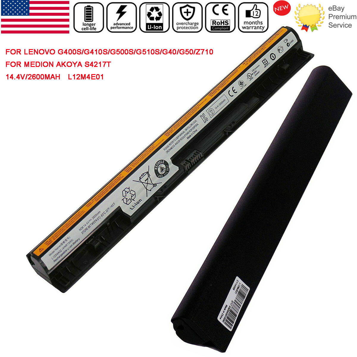 Lenovo L12L4E01 L12M4E01 L12S4A02 Battery For IdeaPad S410p S510p Z710 2600MAH