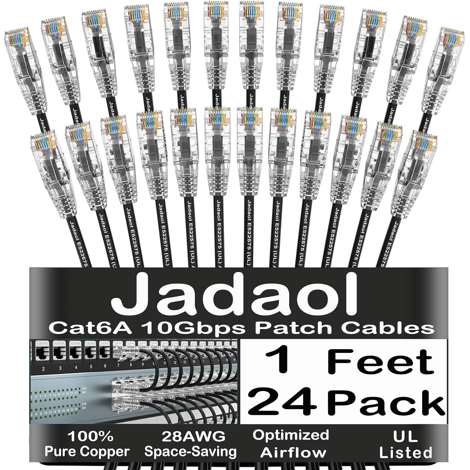 [UL Listed] Cat6A Patch Cables 1Ft (24 Pack), 10Gbps 550Mhz Slim Cat 6A Ethernet