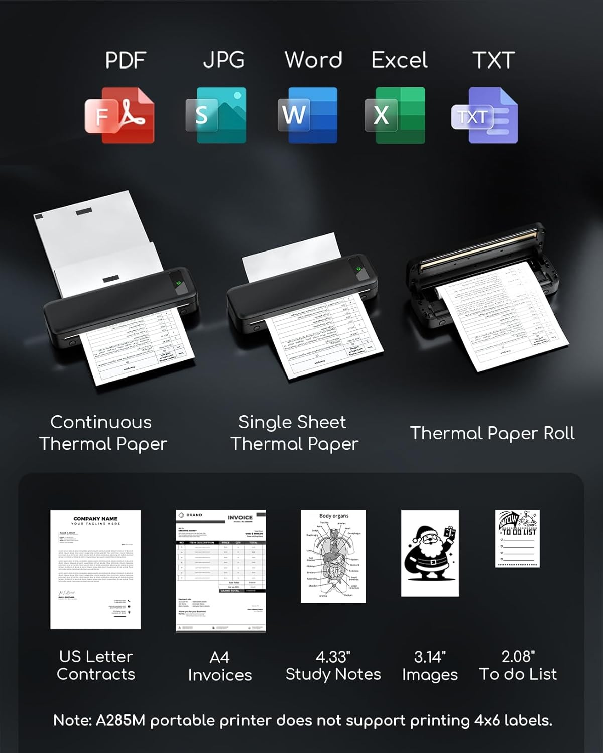 BLACK - GENERIC PORTABLE PRINTERS WIRELESS FOR TRAVEL, A285M SMALL INKLESS