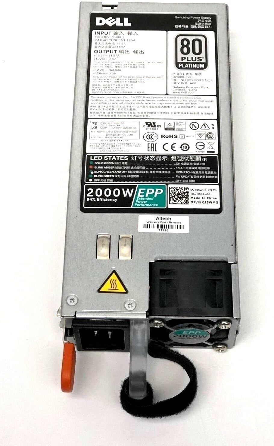 NEW Genuine Dell VWWF1 2000Watt 80Plus 80+ Poweredge FX2 R640 R740 Power Supply
