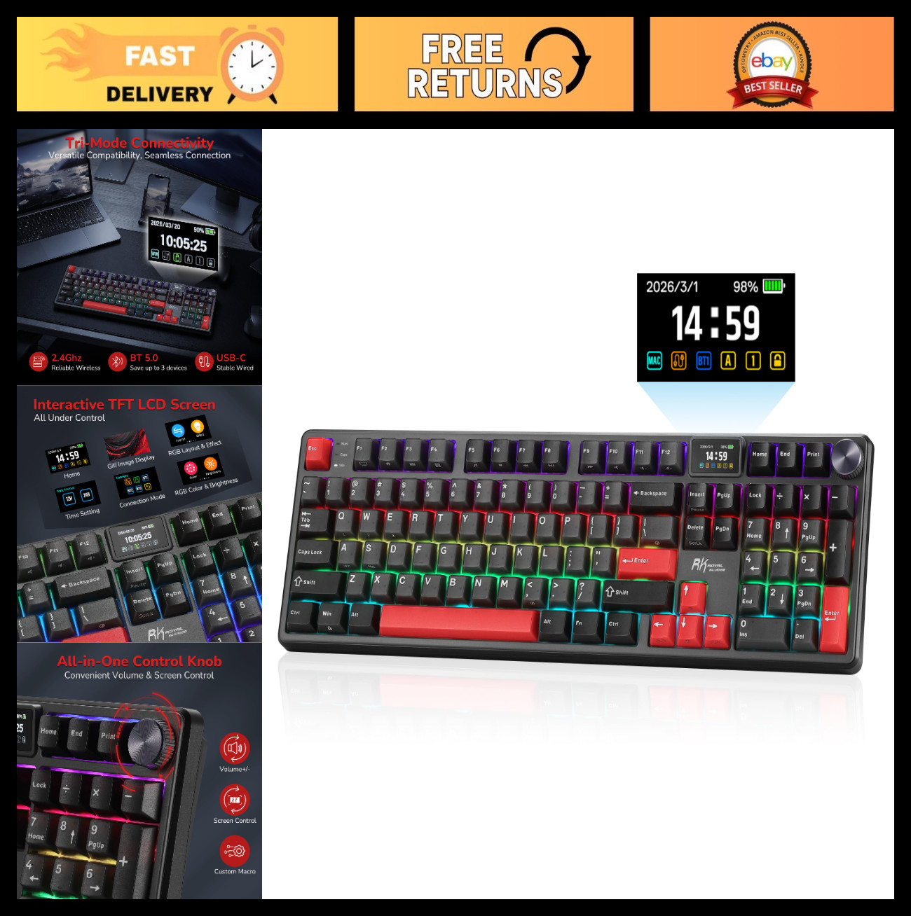 Wireless Mechanical Keyboard with Screen, Metal Knob, RGB Backlit, USB-C Connect