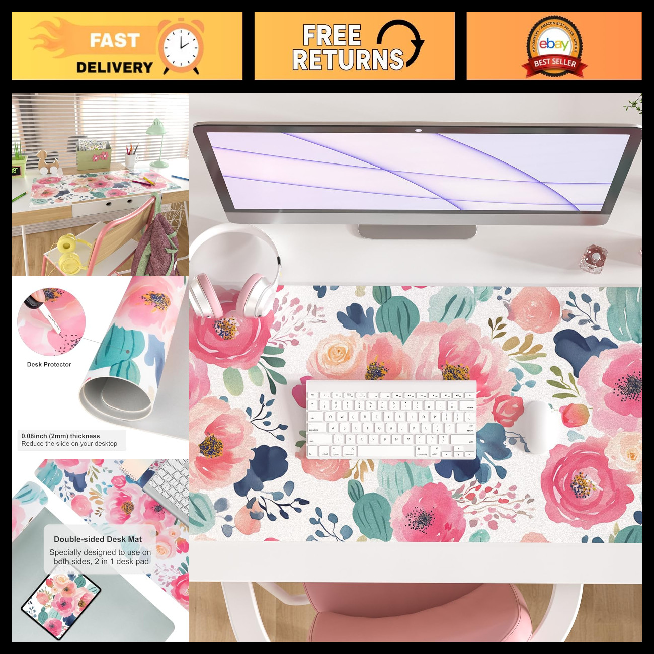 Large Faux Leather Mouse Pad - 31.5"x15.7" Office Desk Mat, Pink Floral Design