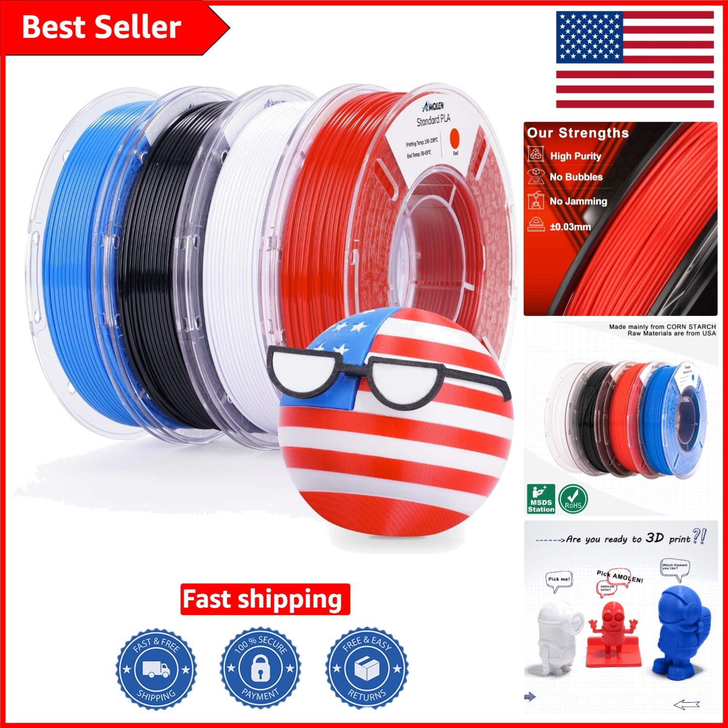 Vacuum-Sealed Multicolor PLA 3D Printing Filament Set - 4 Spools, 250g