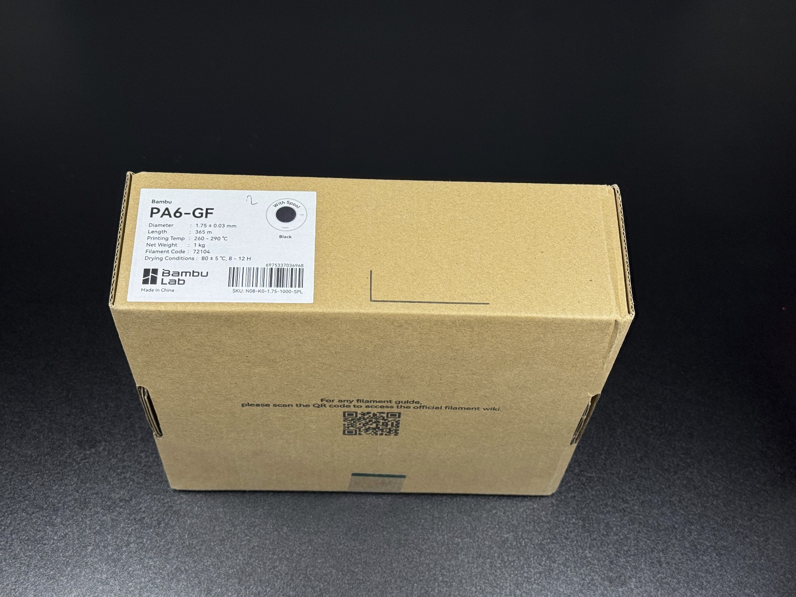 Bambu Lab PA6-GF Filament with Spool (Black Color) 1 kg