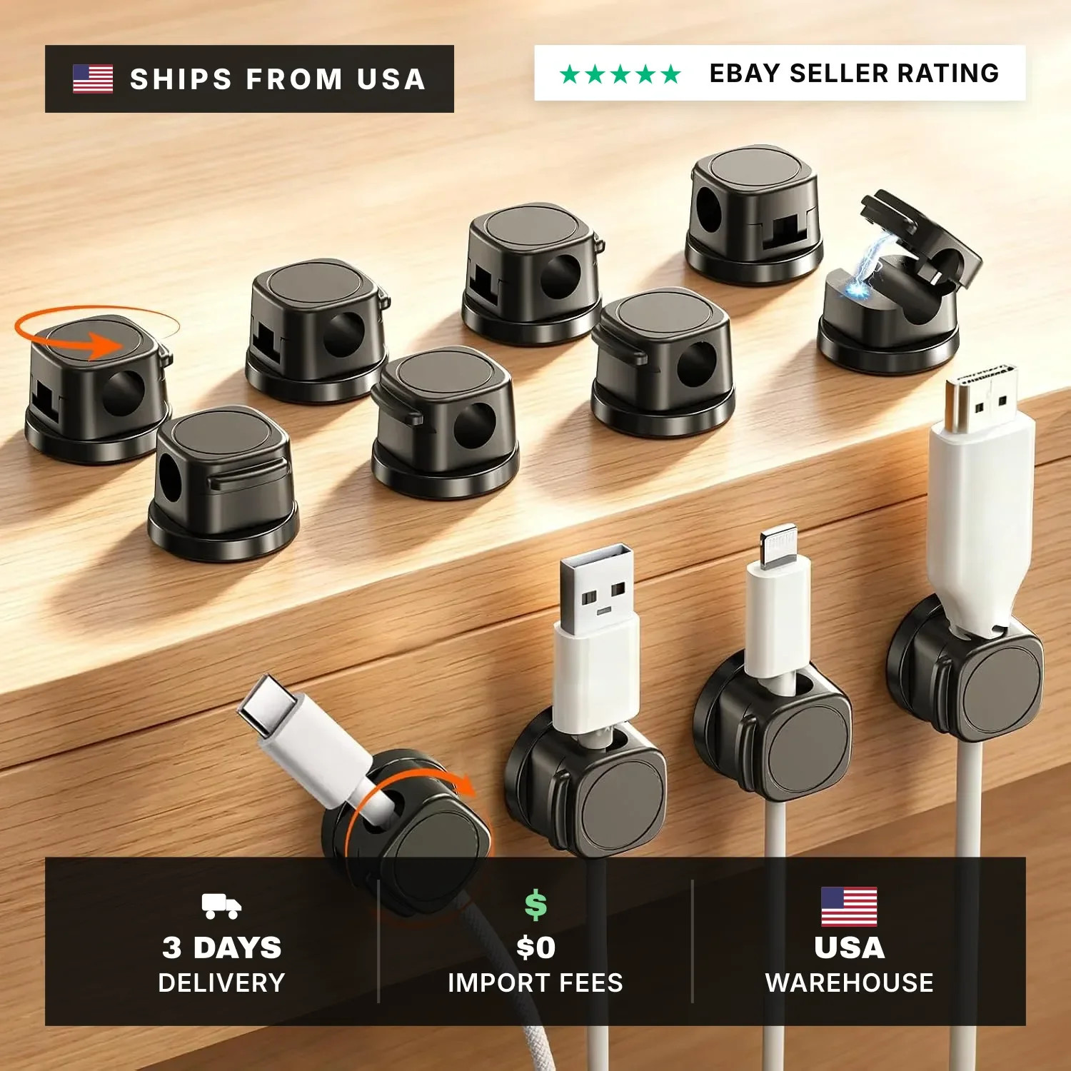 Magnetic Cable Clips 12 Pack, 360° Rotatable Self-Adhesive Cord Holder with One-