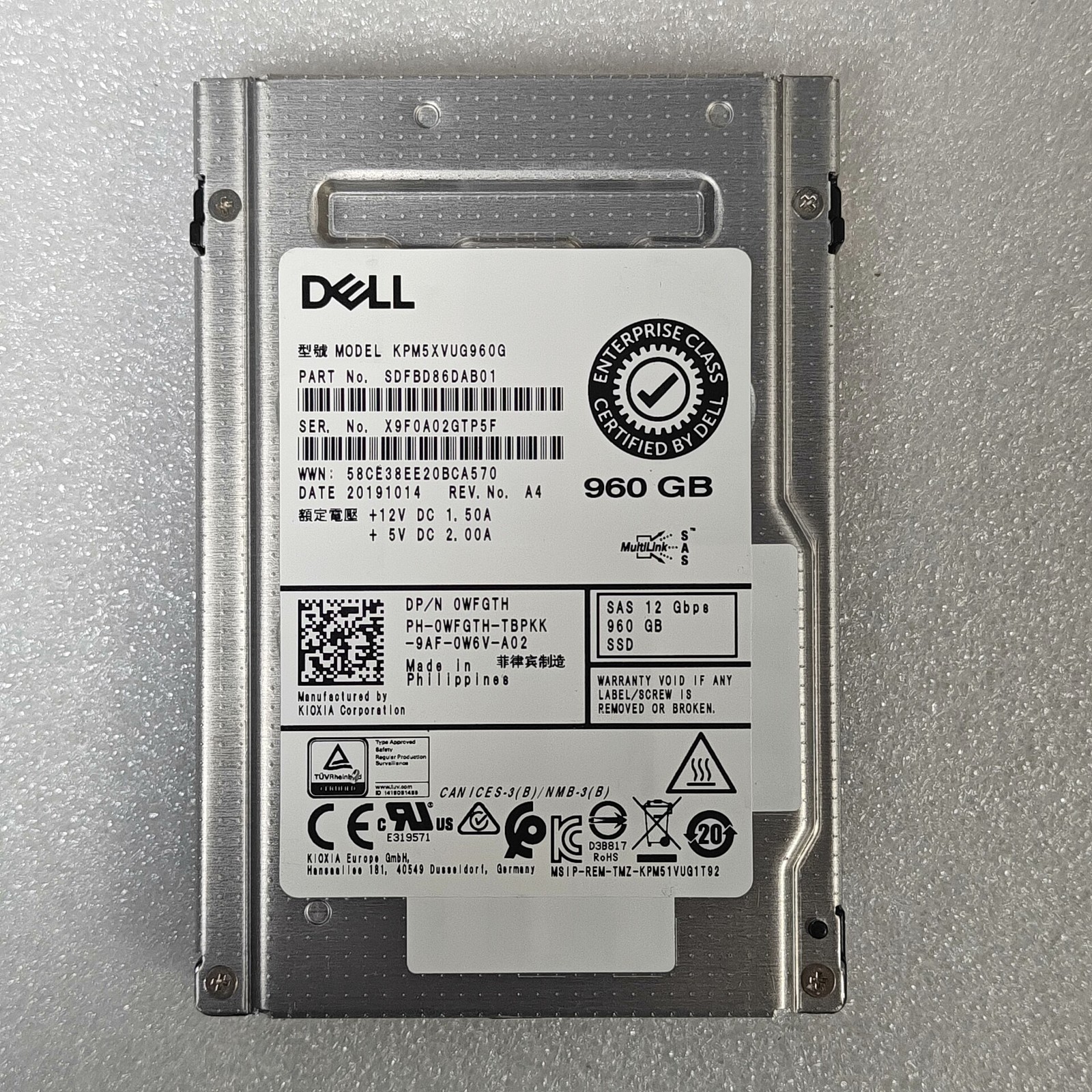 V43R6 DELL ENTERPRISE 960GB 12GBPS MU 2.5" SSD SOLID STATE DRIVE 0V43R6